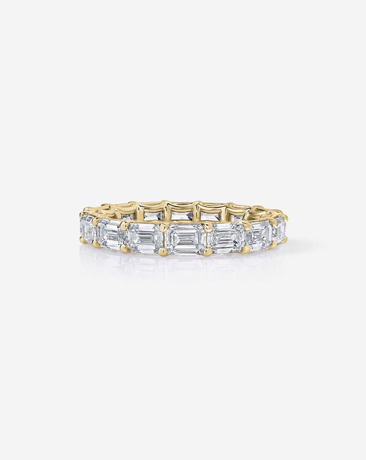 Close-up of  Diamond Sideways Emerald Eternity Band 14k yellow gold 