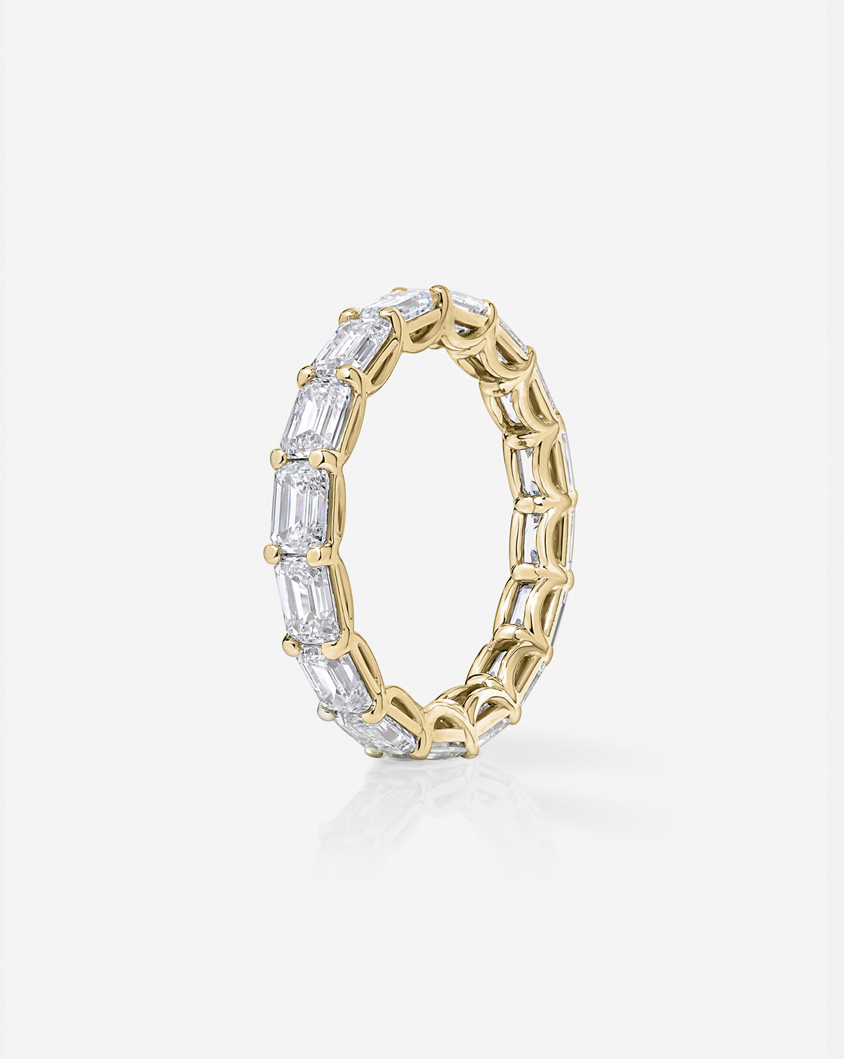 Close-up of  Diamond Sideways Emerald Eternity Band 14k yellow gold side view