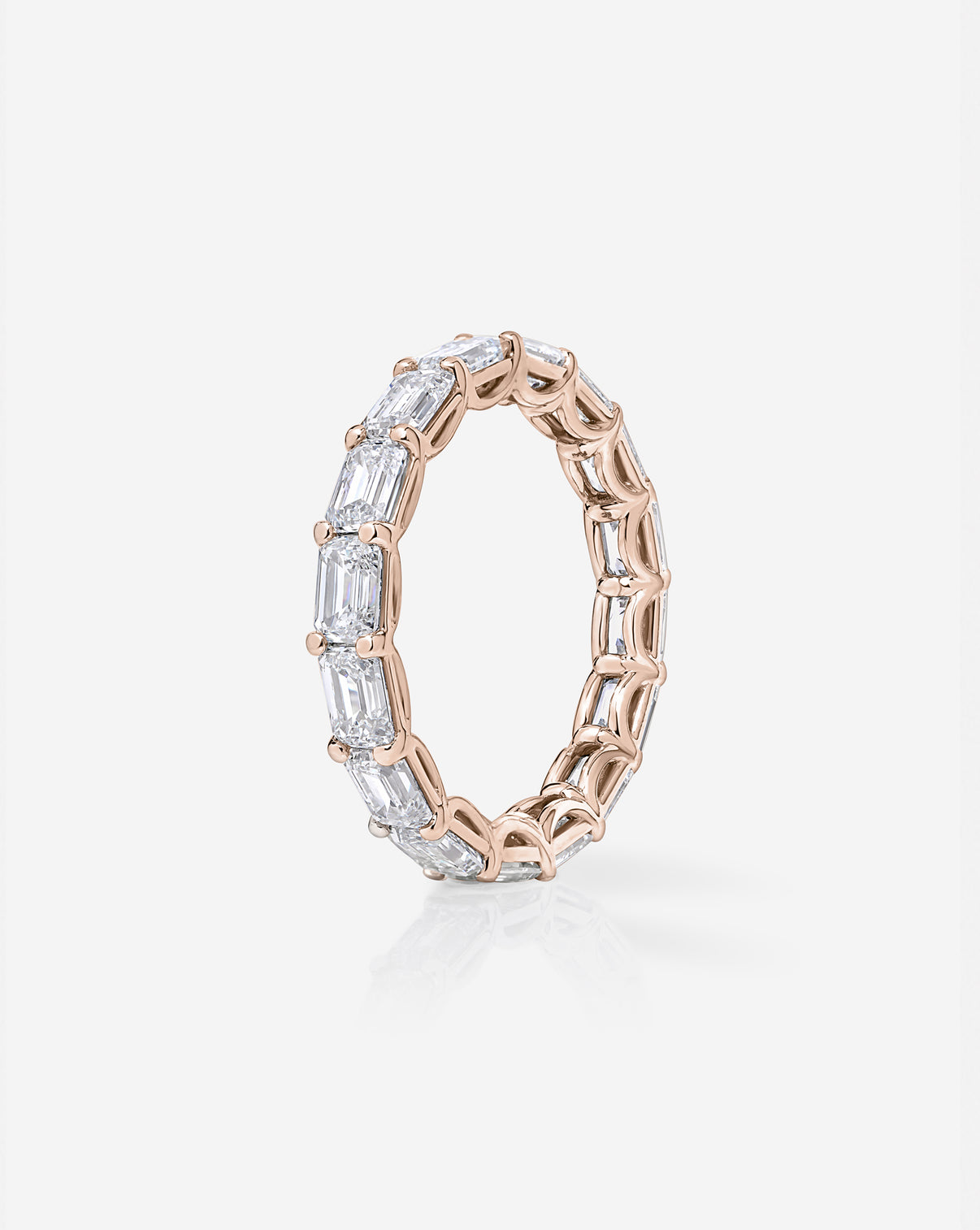 Close-up of  Diamond Sideways Emerald Eternity Band 14k rose gold side view