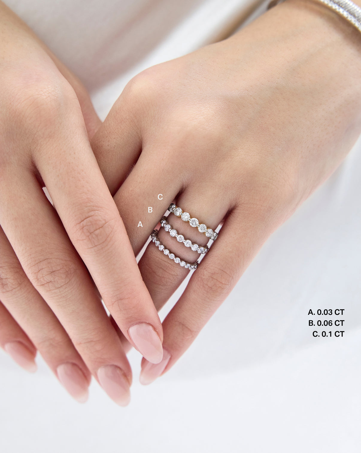 Single Prong Lab Diamond Band all 3 sizes on model for comparison, global