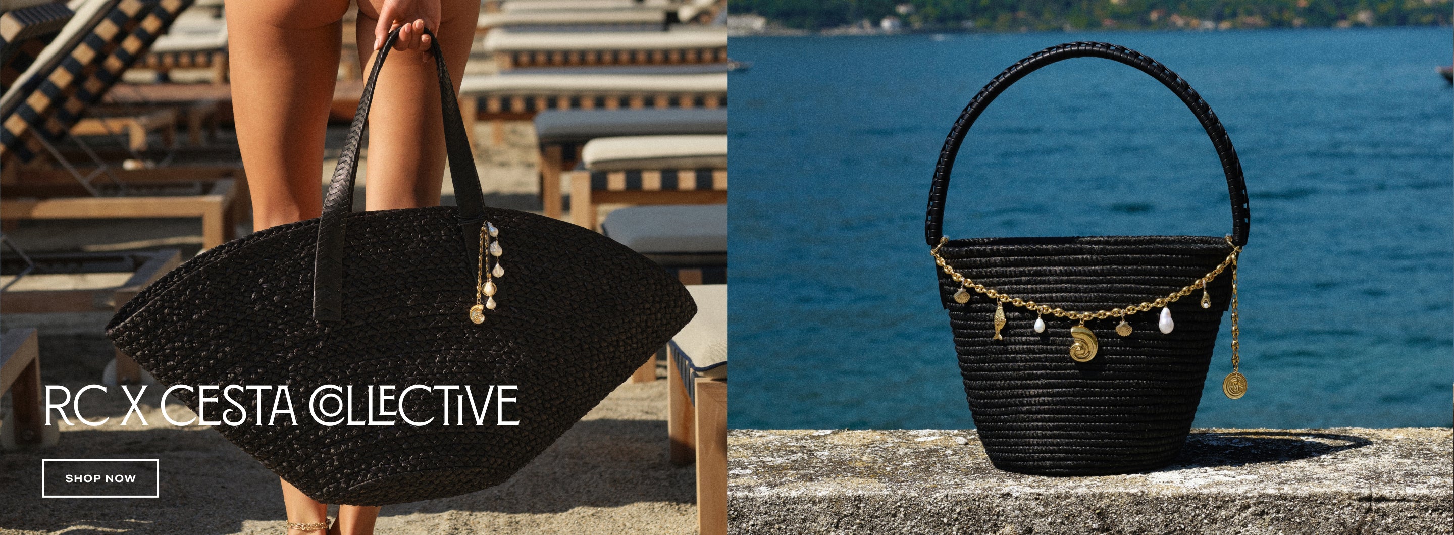 two black bags with bag charms against a beach background, with rc x cesta collective text overlay
