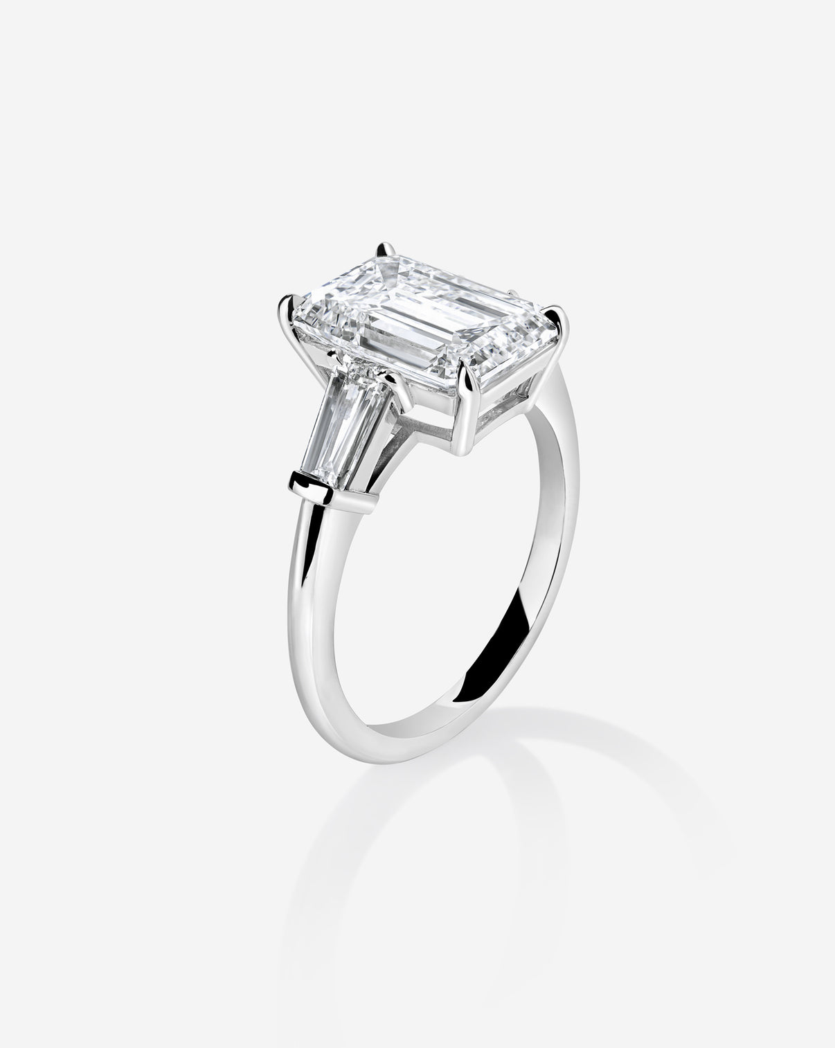 Emerald Diamond in Whisper Thin® Three Stone with Tapered Baguettes Platinum side view