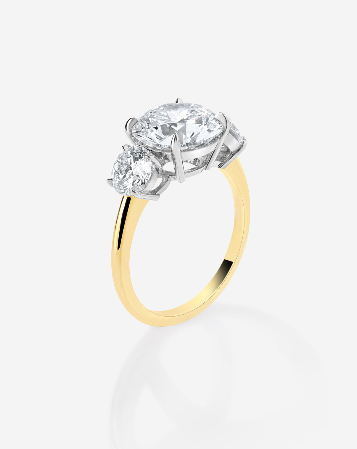 3 carat Round Diamond in Whisper Thin® Three Stone with Rounds Engagement Ring 14K Yellow Gold side view