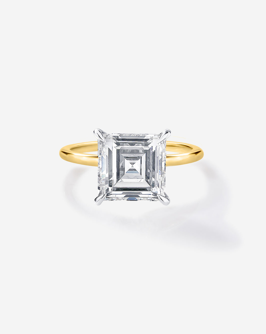 Front view of 3 carat Asscher cut diamond engagement ring with Yellow Gold Whisper Thin band and Platinum Prongs
