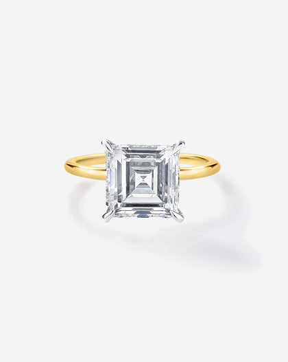 Front view of 3 carat Asscher cut diamond engagement ring with Yellow Gold Whisper Thin band and Platinum Prongs