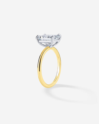 side view of 3 carat Asscher cut diamond engagement ring with Yellow Gold Whisper Thin band and Platinum Prongs