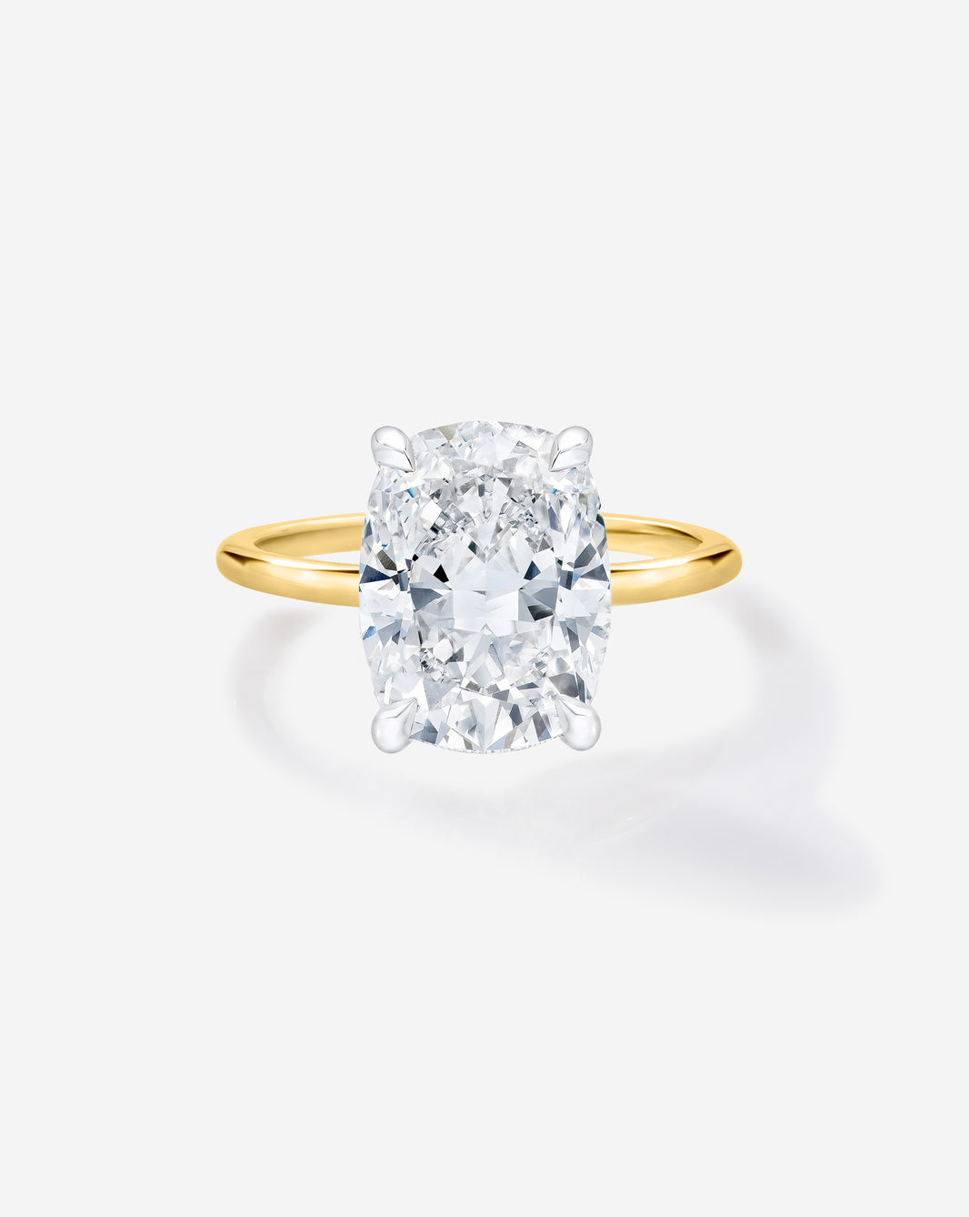 4 carat Cushion Diamond Engagement Ring in Yellow Gold Whisper Thin band with Platinum Prongs