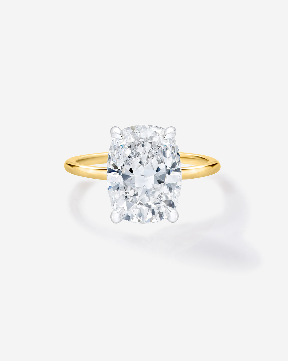 4 carat Cushion Diamond Engagement Ring in Yellow Gold Whisper Thin band with Platinum Prongs