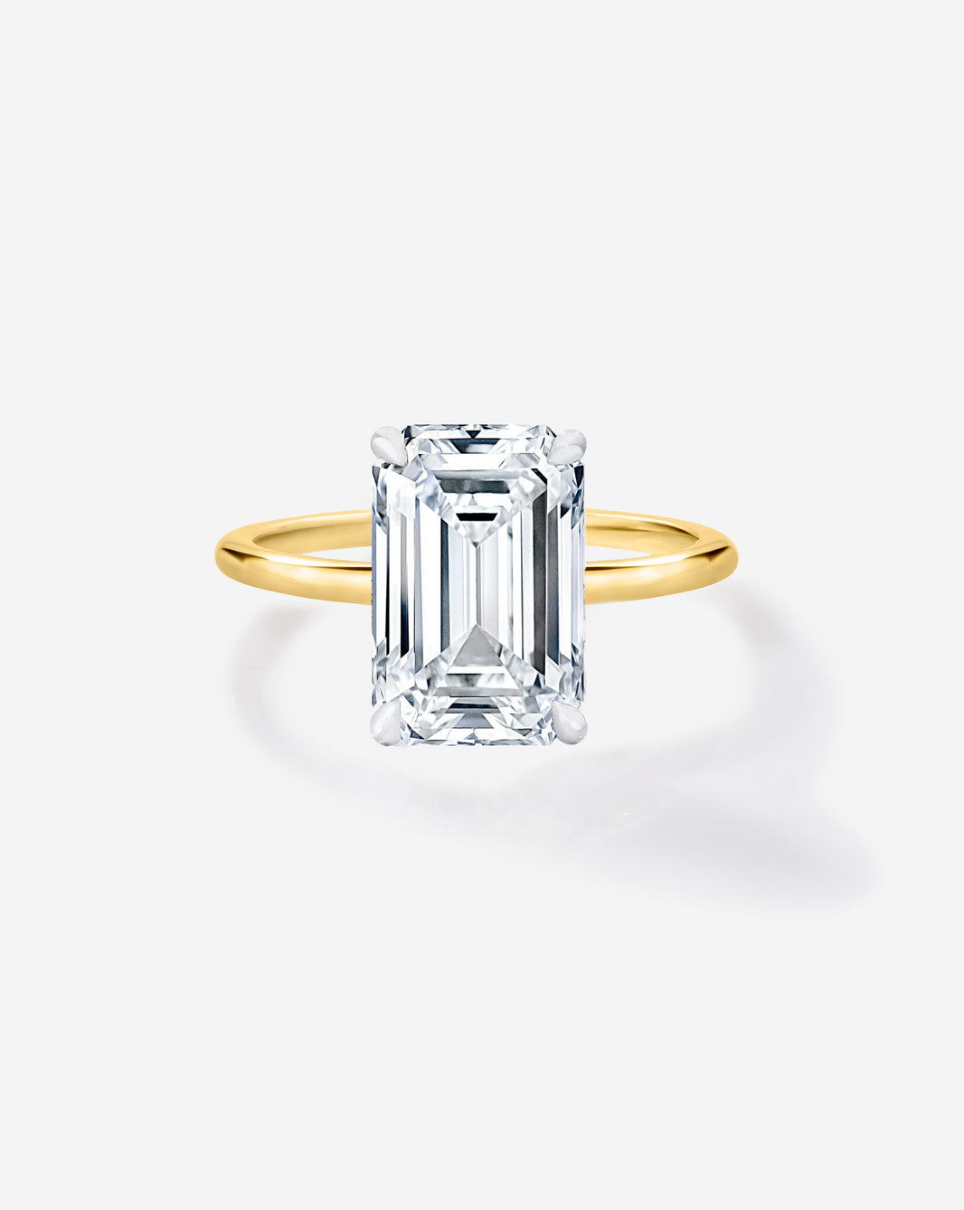 2 carat Emerald cut Diamond Engagement Ring in Yellow Gold Whisper Thin Hidden Halo band with Platinum Prongs