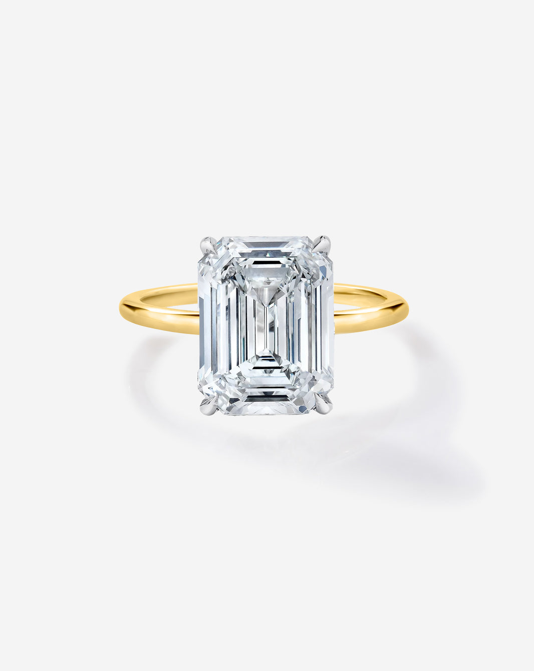 3 carat Emerald Diamond Engagement Ring in Yellow Gold Whisper Thin Hidden Halo band with Platinum Prongs
