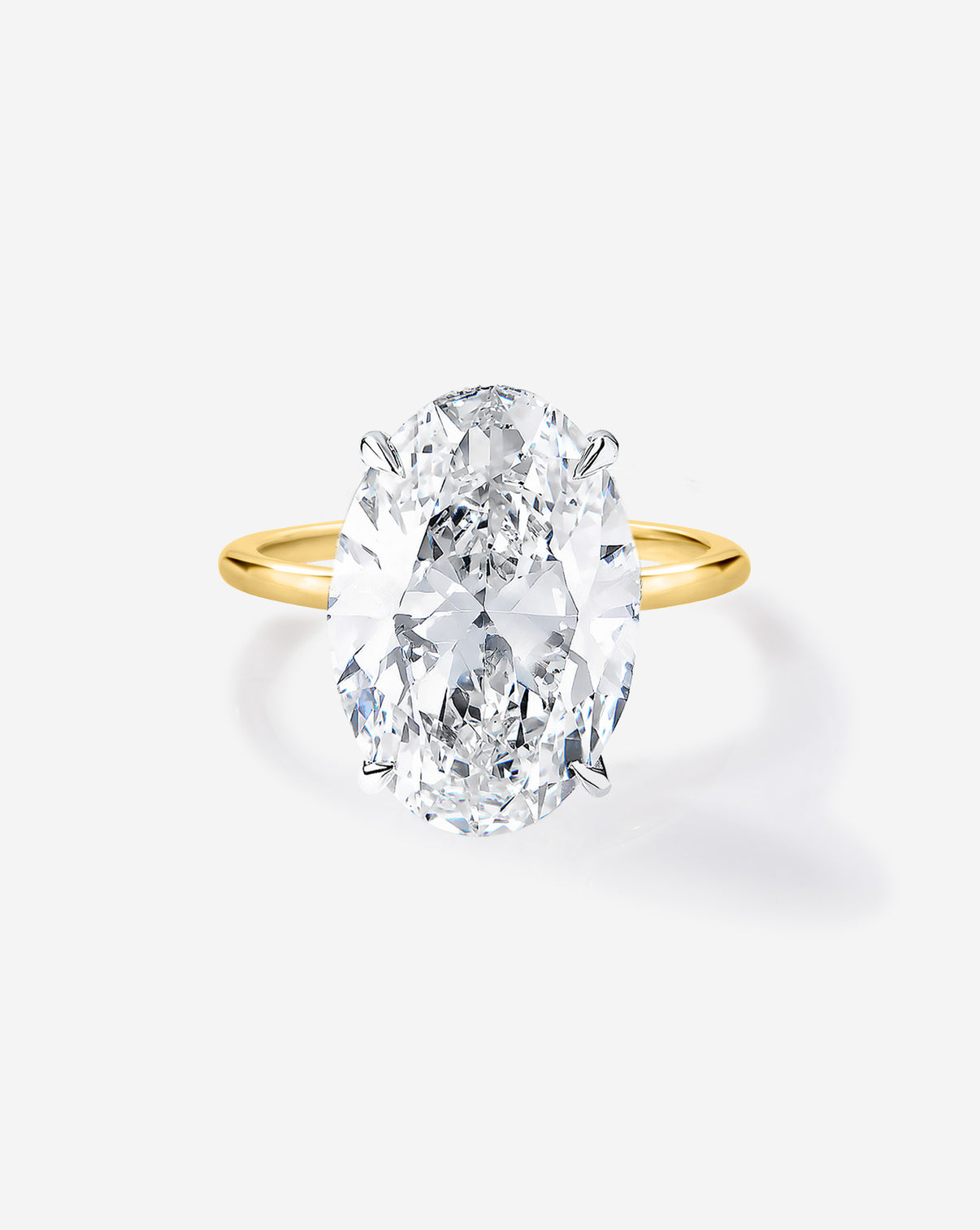 5 carat Oval Diamond Engagement Ring in Yellow Gold Whisper Thin Hidden Halo band with Platinum Prongs