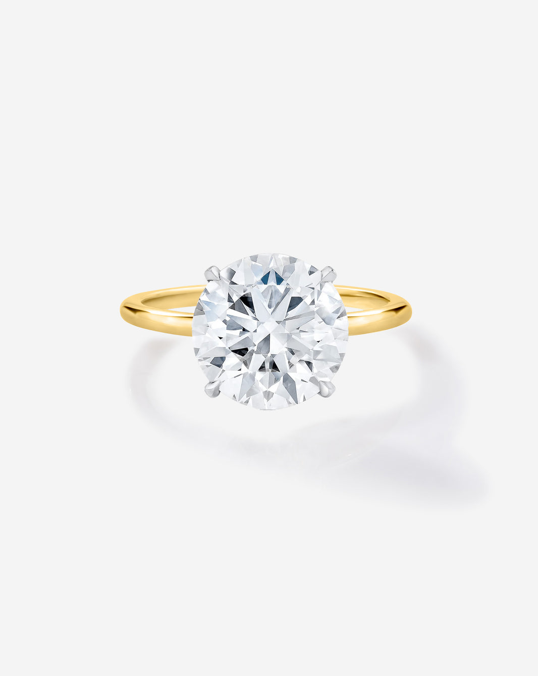 4 carat Round Diamond Engagement Ring in Yellow Gold Whisper Thin Hidden Halo band with Platinum Prongs