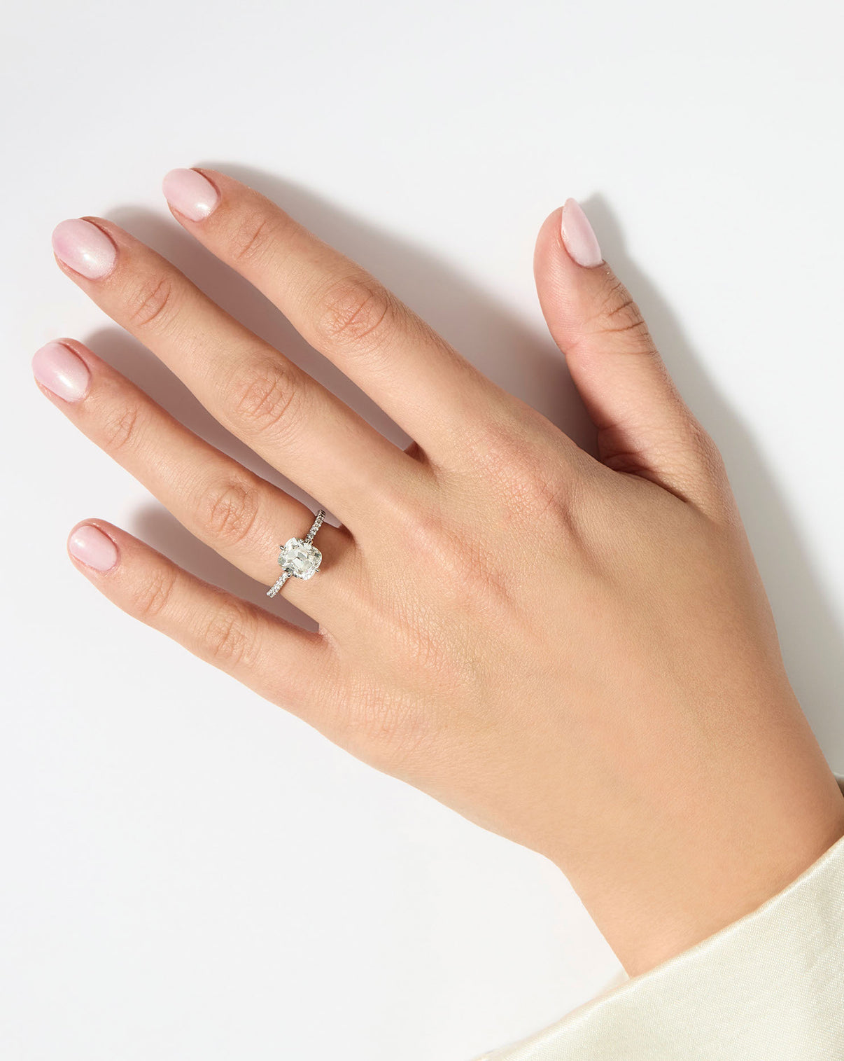 model wearing 2 carat Old Mine Natural Diamond Engagement Ring in Platinum Whisper Thin® Pavé Hidden Halo