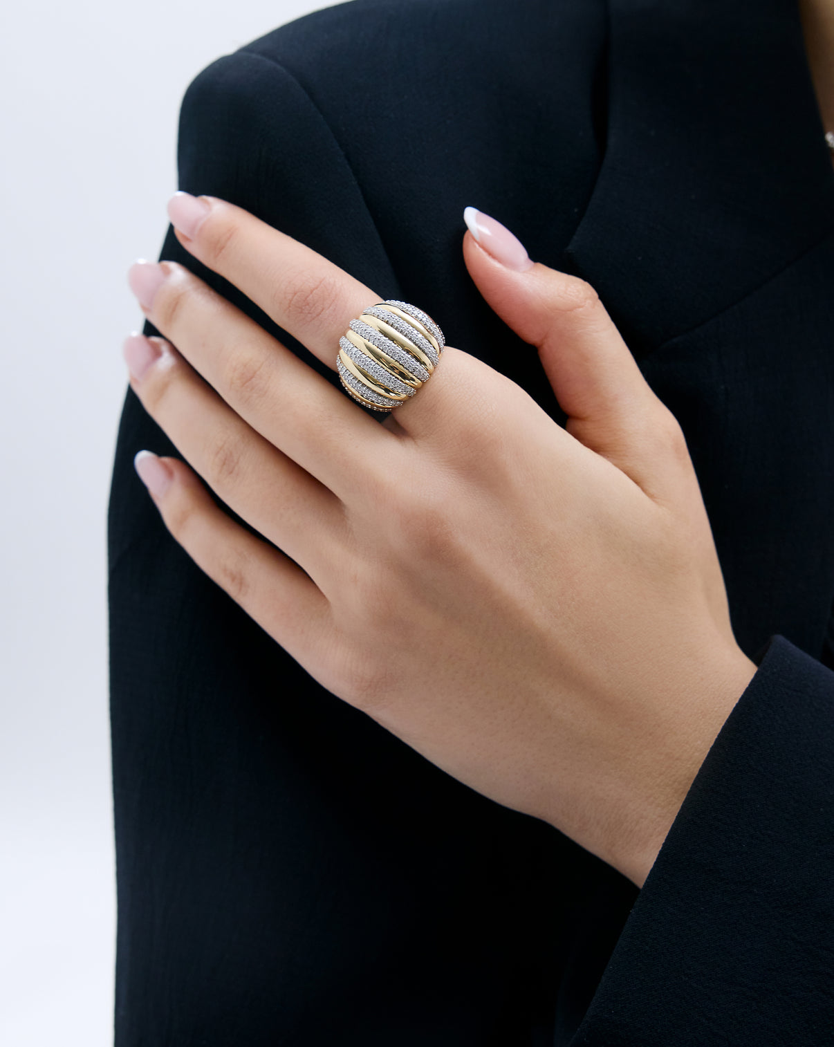 Ribbed Diamond Statement Ring shown on model's hand