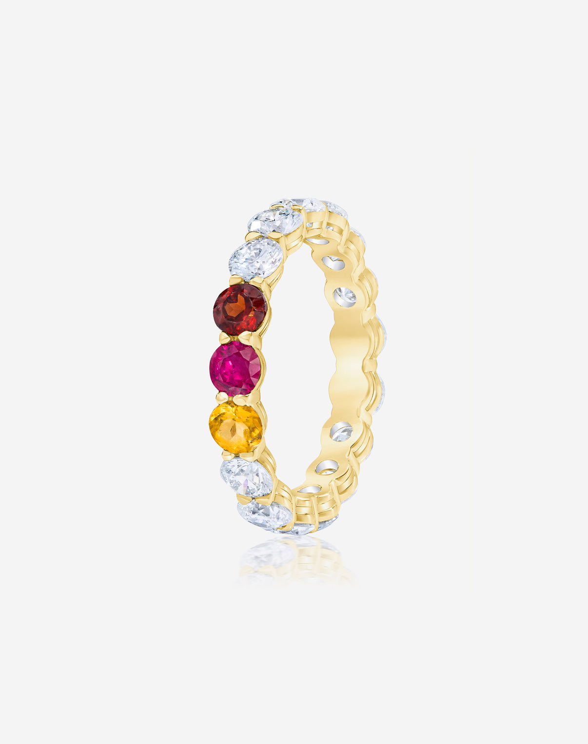 Round Diamond and Birthstone Eternity Band in 14K Yellow Gold with 3 birthstones side view