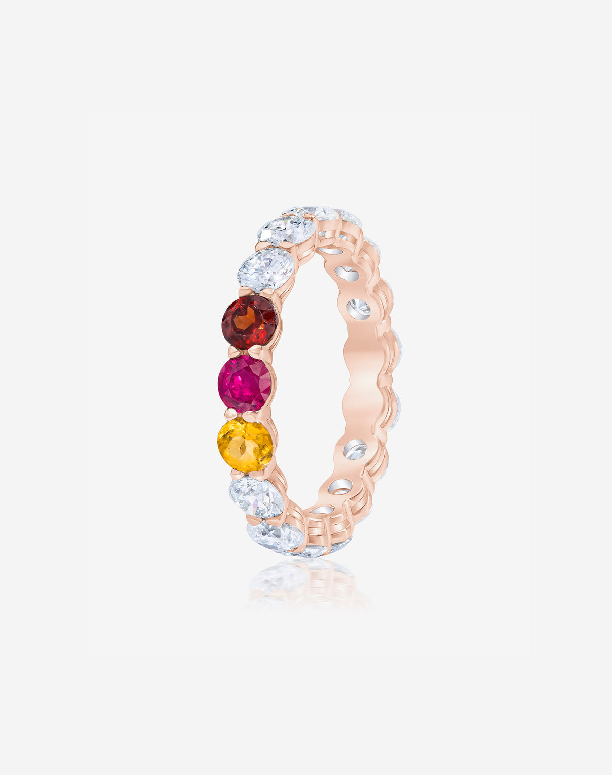 Round Diamond and Birthstone Eternity Band in 14K Rose Gold with 3 birthstones side view