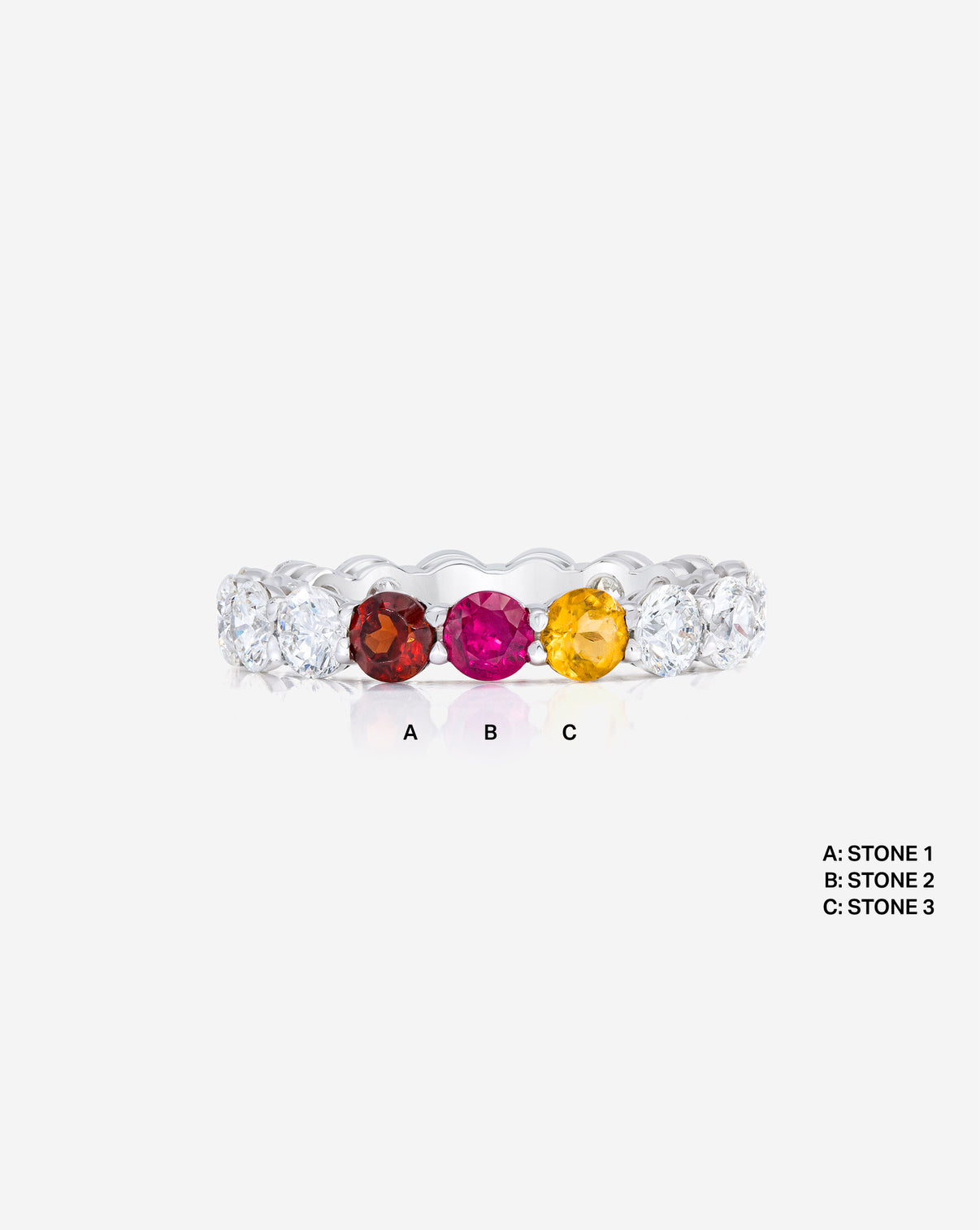 Round Diamond and Birthstone Eternity Band in Platinum with 3 birthstones labeled