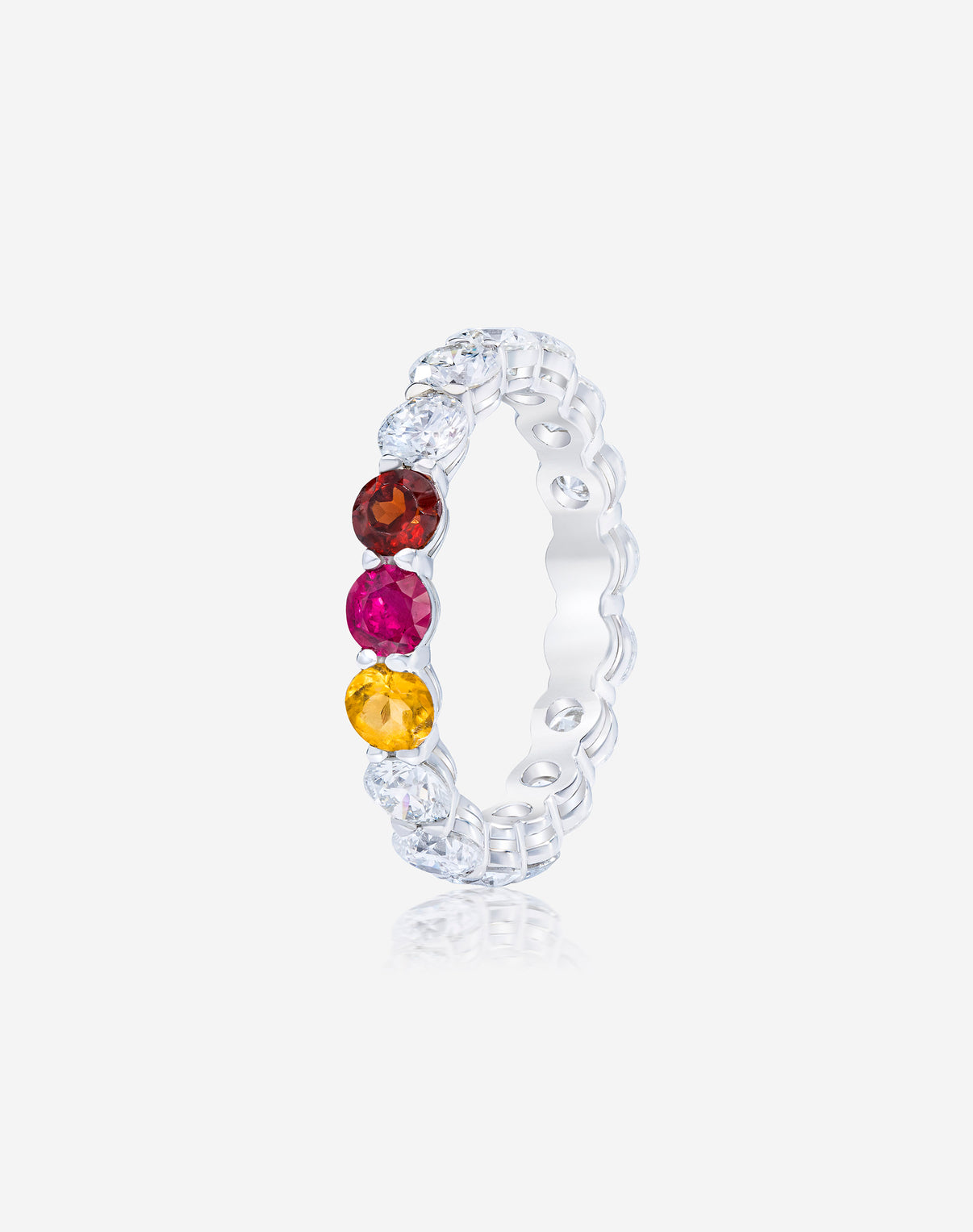Round Diamond and Birthstone Eternity Band in Platinum with 3 birthstones side view
