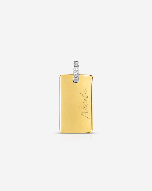 GIF of Engravable Rectangle Pendant in Yellow Gold featuring a variety of engraving options.