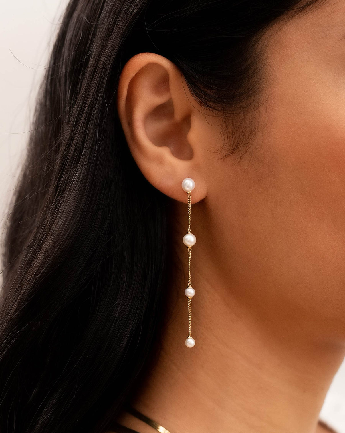 Ring Concierge Pearl Station Drop Earrings 14kt Yellow Gold - On model 