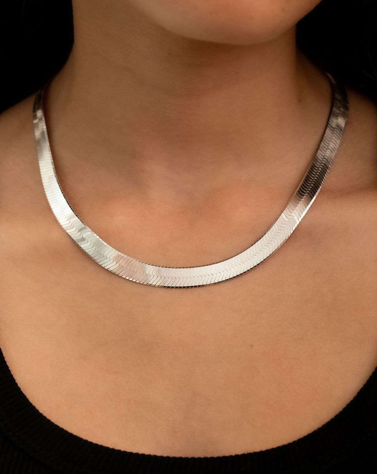 Statement Sterling - Jumbo Herringbone Necklace Sterling Silver, on model 
