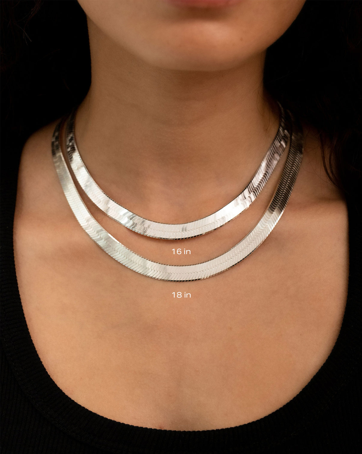 Statement Sterling - Jumbo Herringbone Necklace Sterling Silver, on model the 16 in and 18 in layered