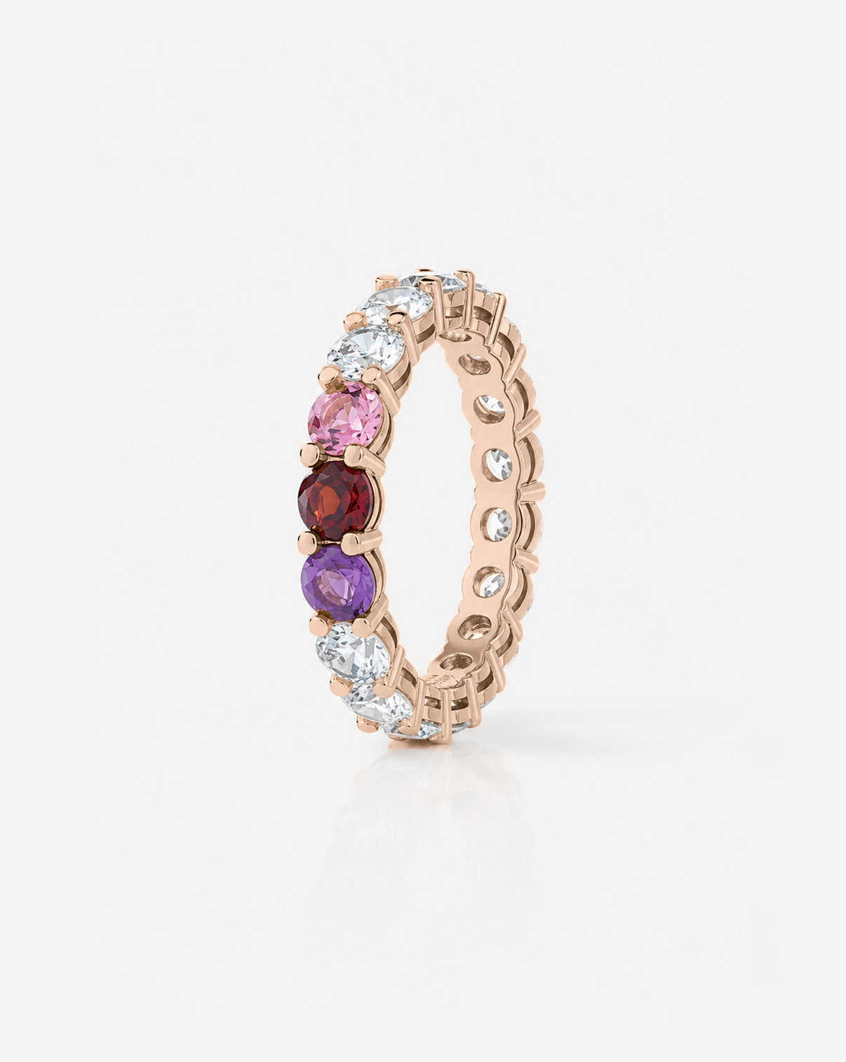 Round Diamond and Birthstone Eternity Band in 14K Rose Gold with 3 birthstones side view
