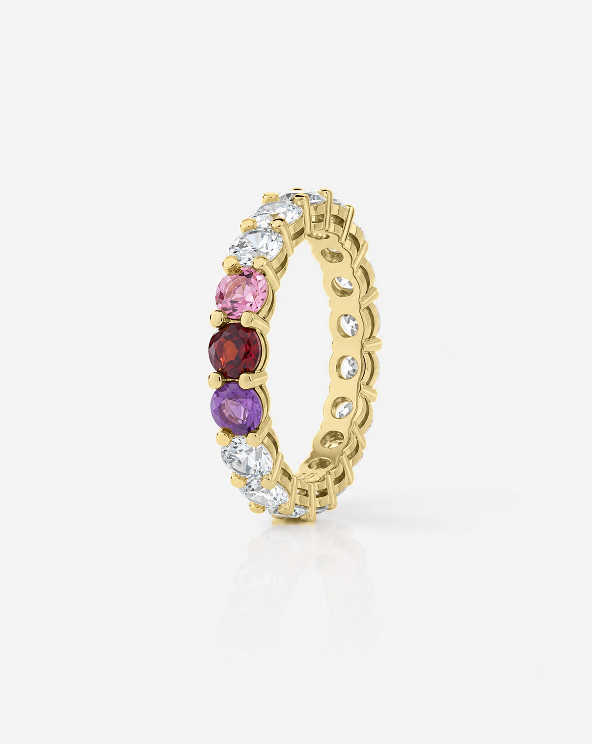 Round Diamond and Birthstone Eternity Band in 14K Yellow Gold with 3 birthstones side view