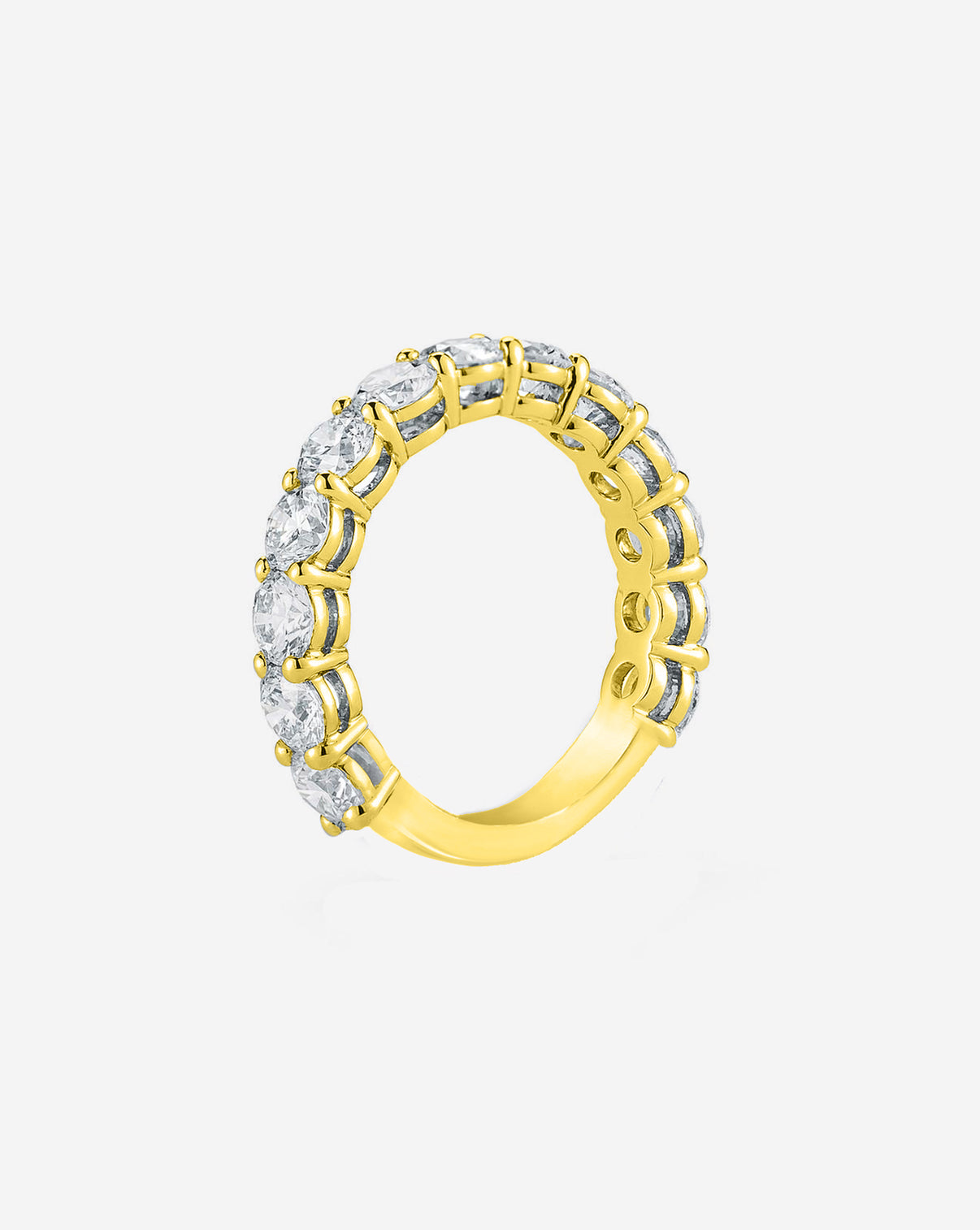 Round Brilliant Eternity Band with 3/4 diamond coverage in 14k Yellow Gold standing