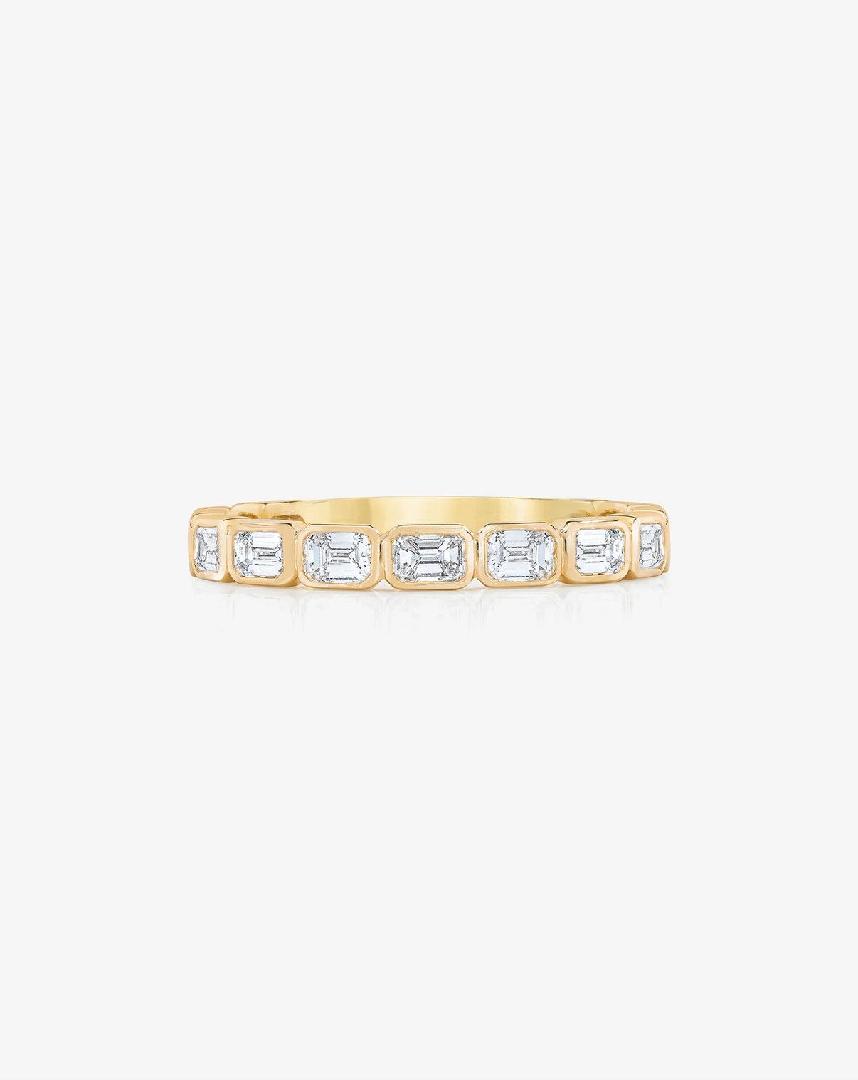 Sideways Emerald Bezel Eternity Band with 3/4 diamond coverage in 14k Yellow Gold