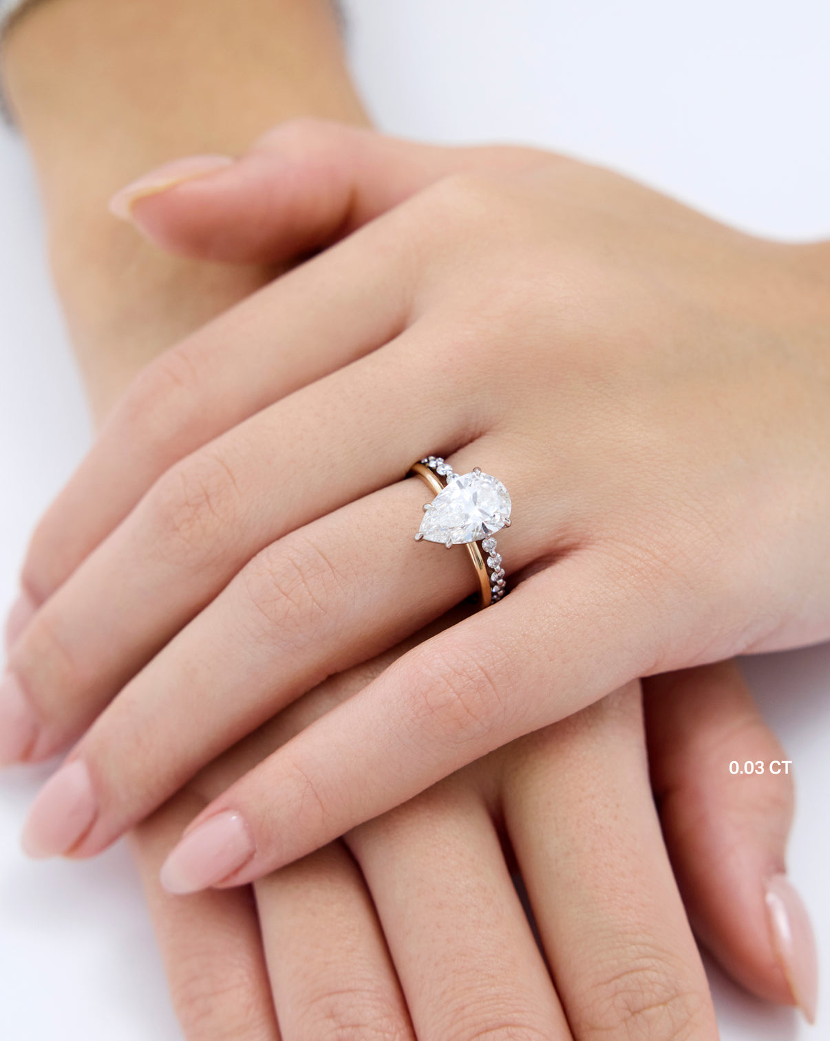 .03 carat Single Prong Lab Diamond Band worn by model paired with engagement ring - global