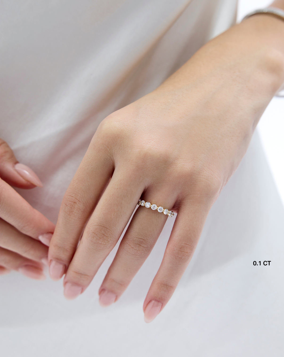 .1 carat Single Prong Lab Diamond Band worn by model - global