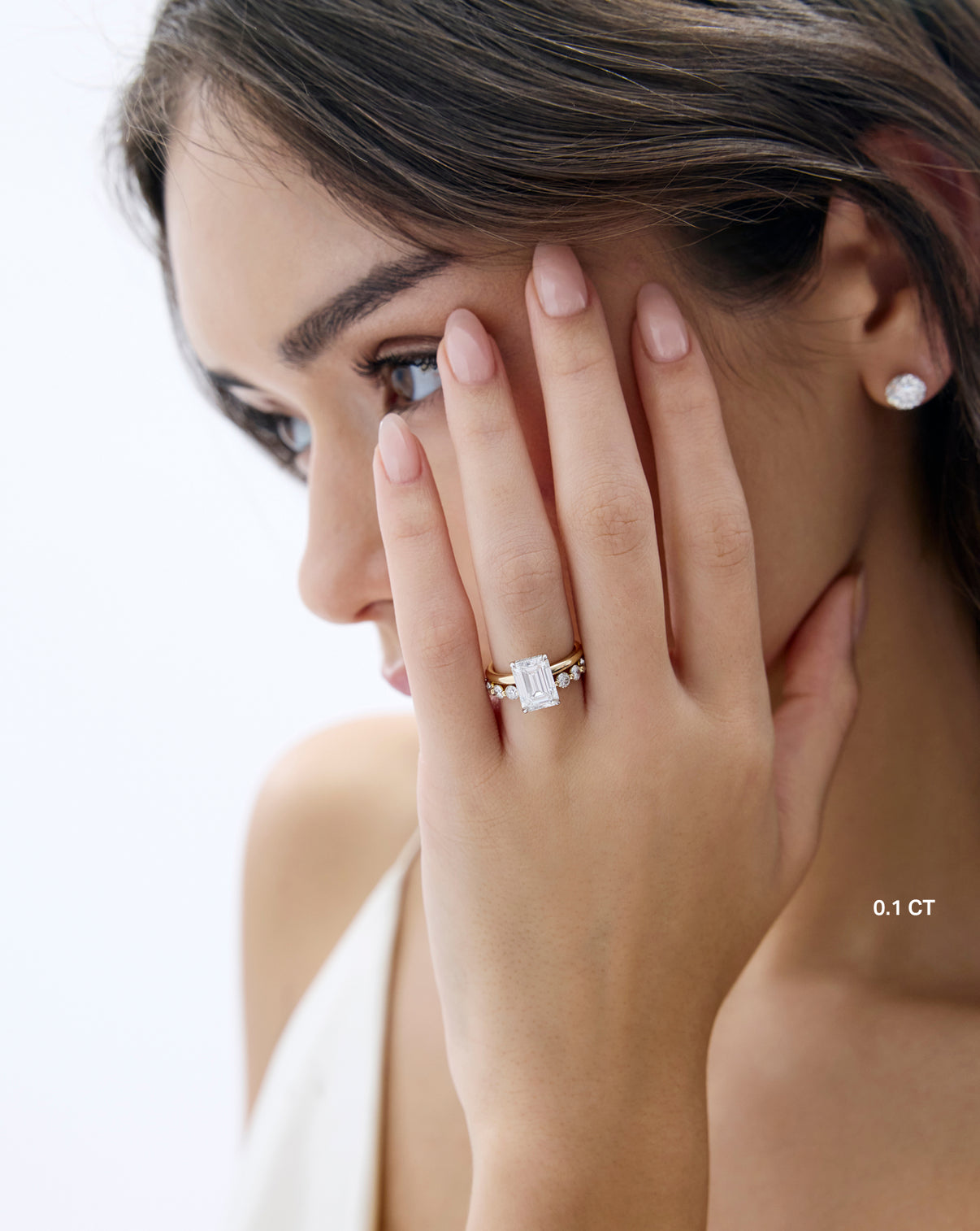 Single Prong Lab Diamond Band in .1 carat weight paired with engagement ring - global