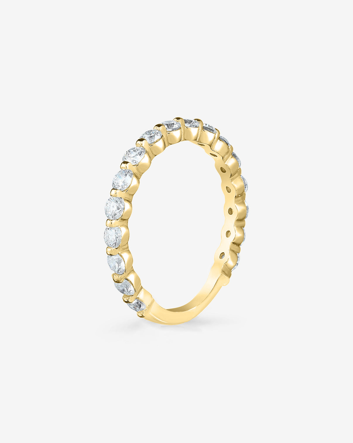 Single Prong Eternity Band with 3/4 diamond coverage in 14k Yellow Gold standing