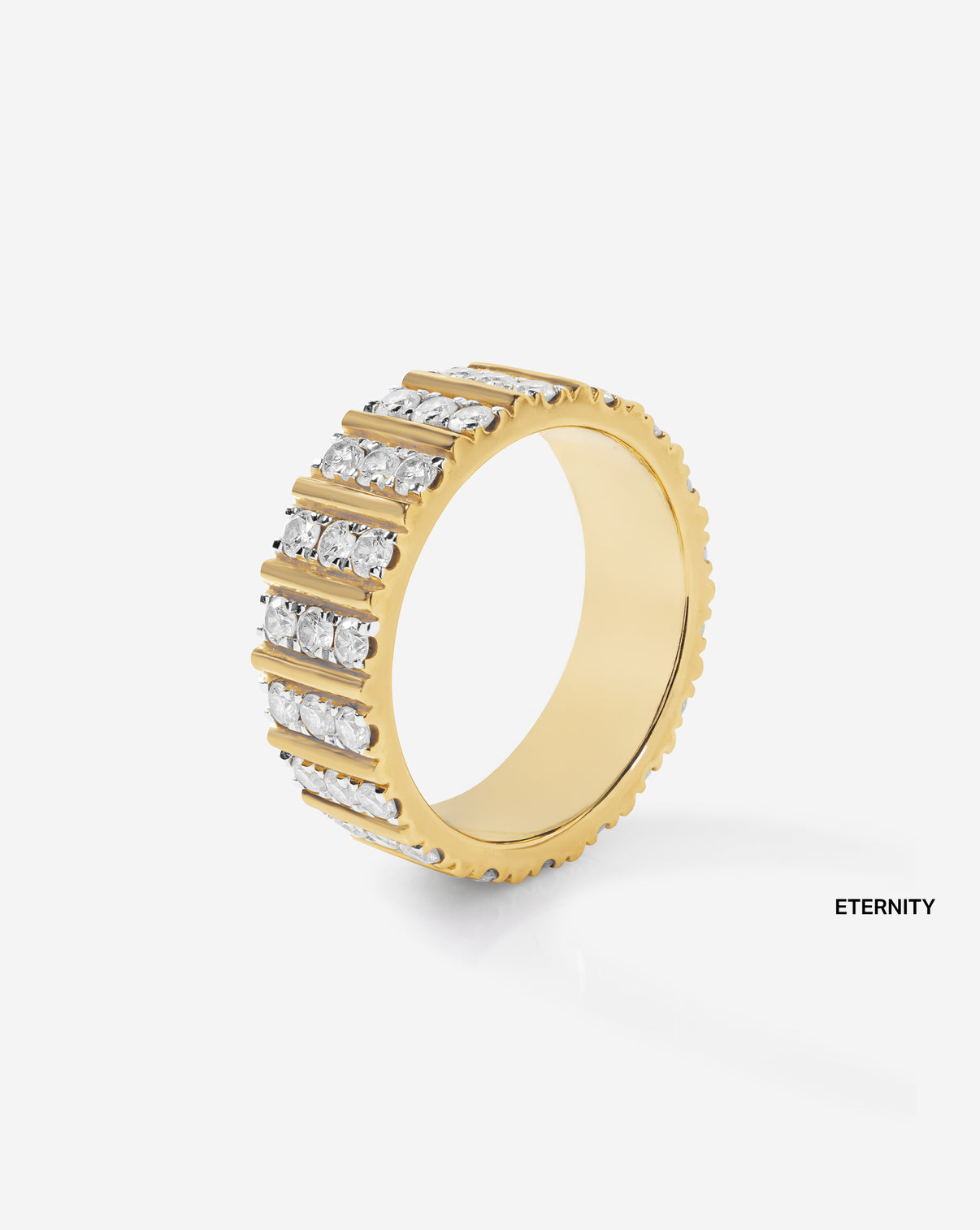 Three Row Fluted Diamond Ring product still image side view in 14k yellow gold eternity