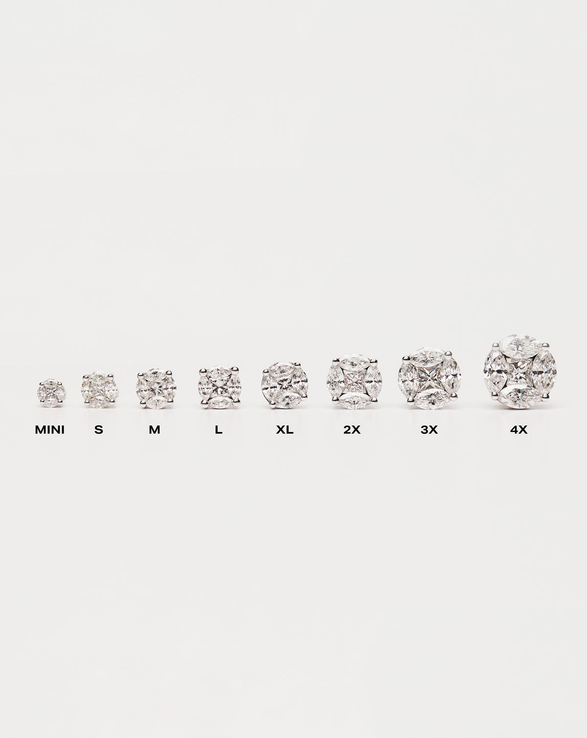 Comparison chart of the Round Illusion Diamond Studs in sizes mini through 4x