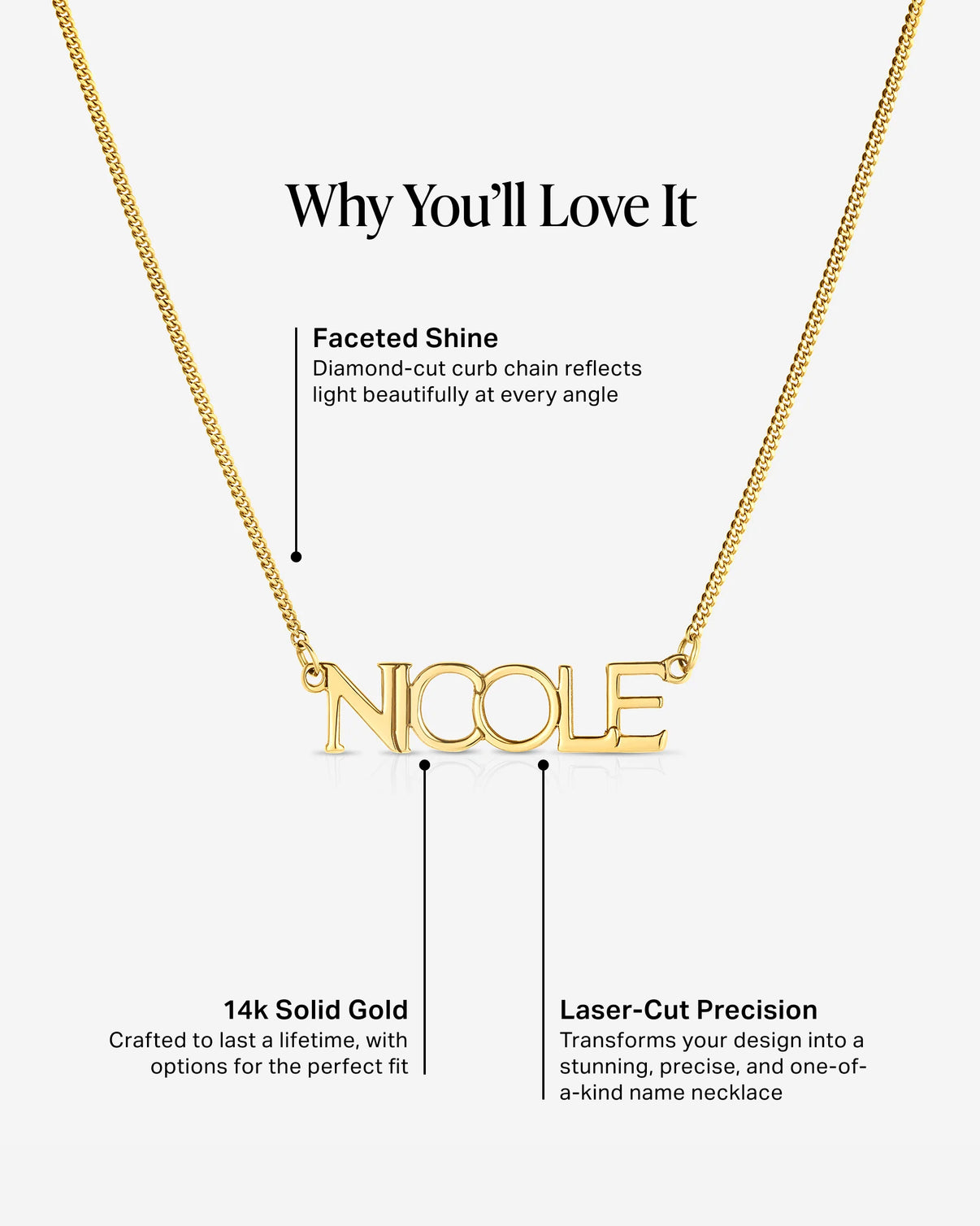 Personalized Block Name Necklace Why You'll Love It informational graphic