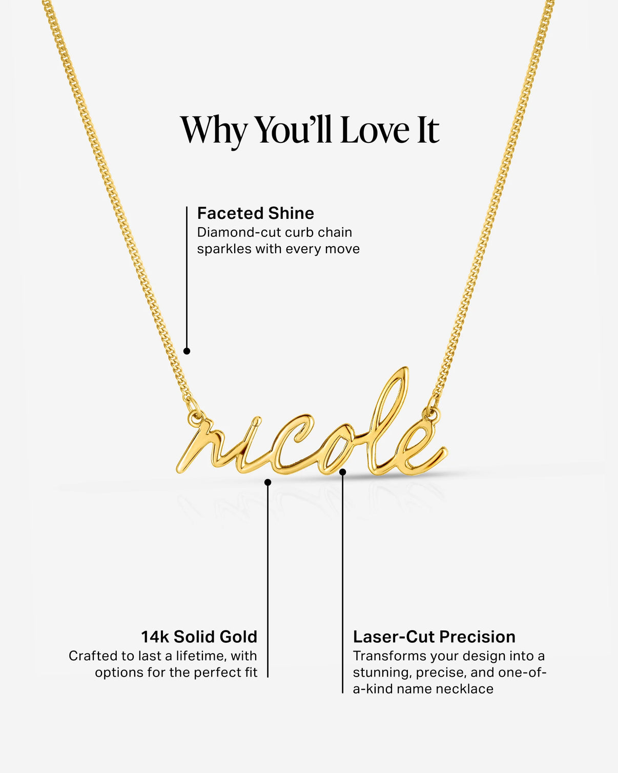 Personalized Script Name Necklace Why You'll Love It informational graphic