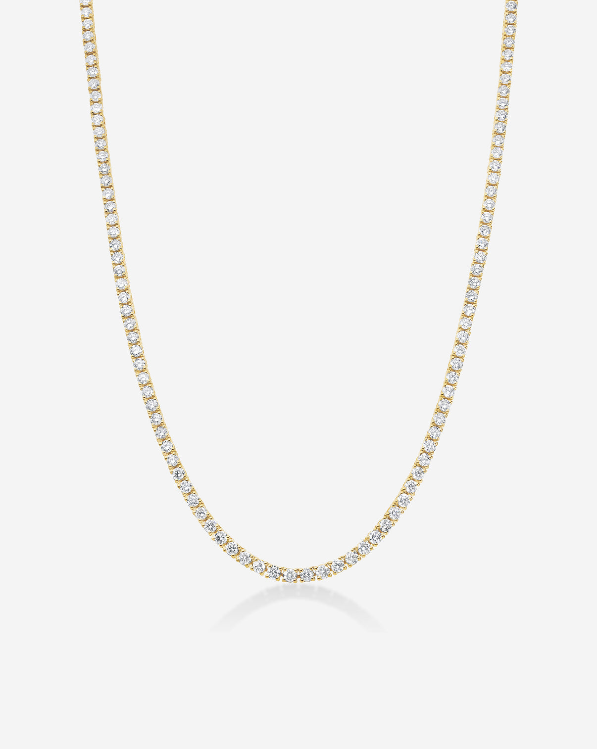 14k Yellow Gold Classic Diamond Tennis Necklace close-up highlighting the precision of the diamond setting
