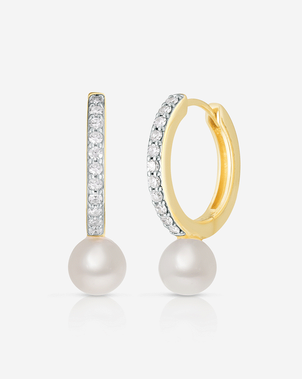 14kt gold pearl diamond hoop earrings