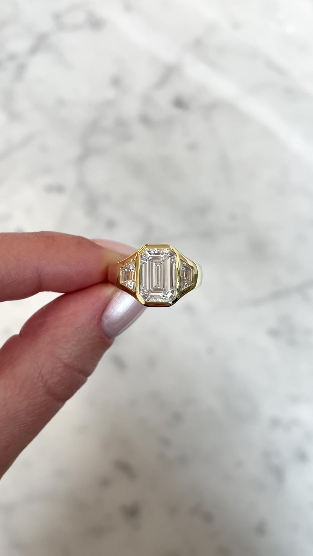 video of Ring Concierge Emerald Lab Diamond in Trinity Bezel 14K Yellow Gold Engagement Ring details