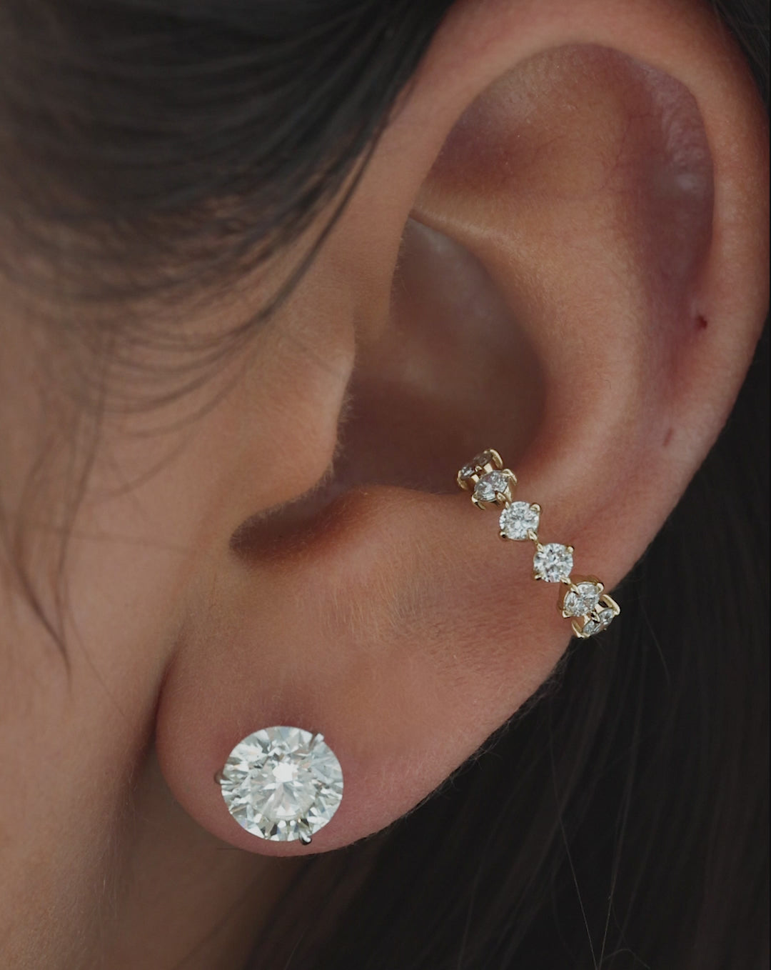 video of Starlight Lab Diamond Ear Cuff with a round diamond stud earring