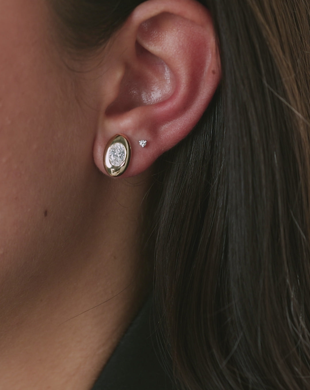 Framed oval studs on-model and flatlay
