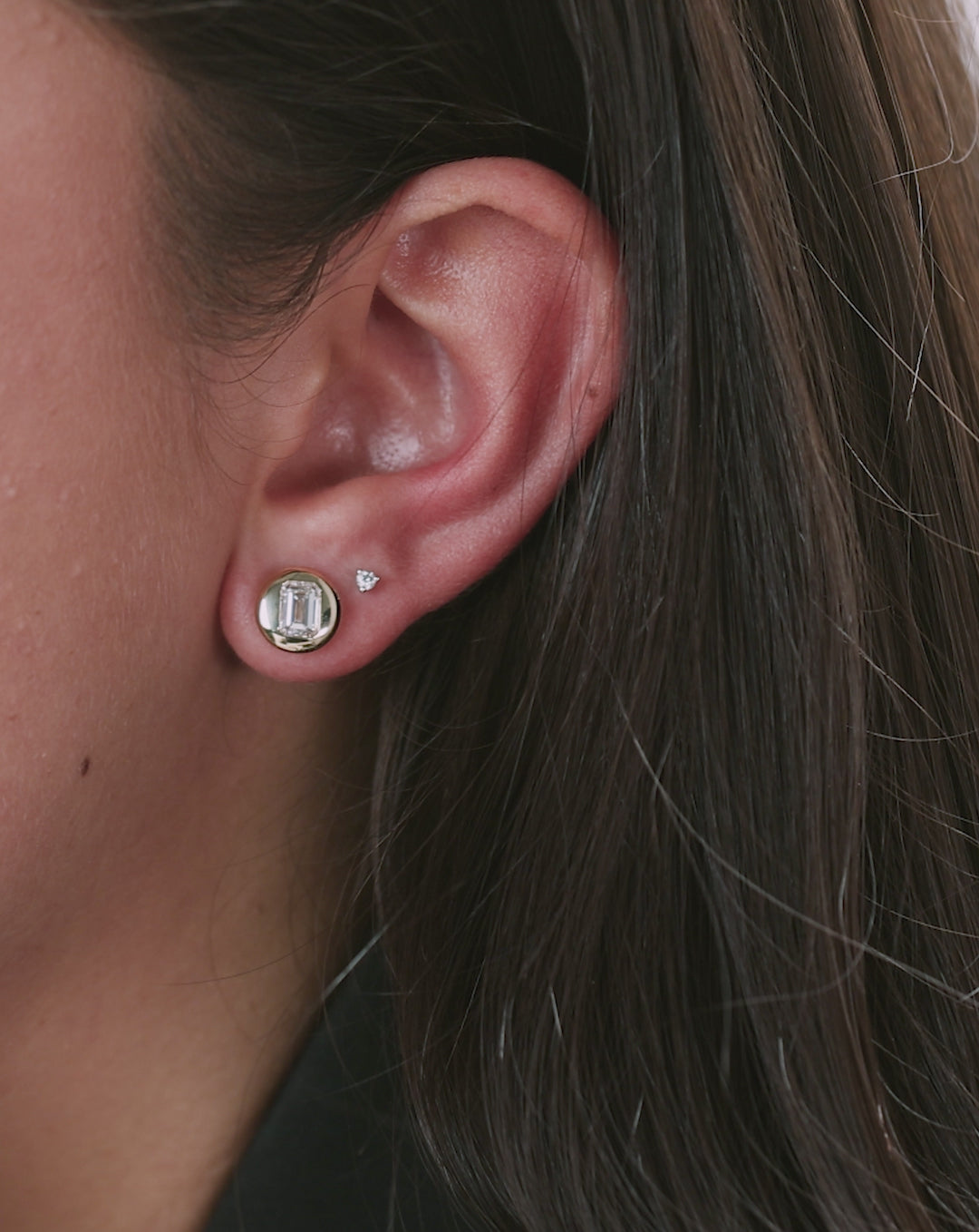 Framed emerald studs on-model and flat lay
