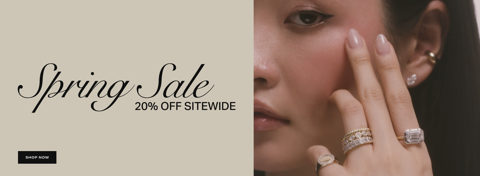 video of several models wearing jewelry with a spring sale 20% sitewide label