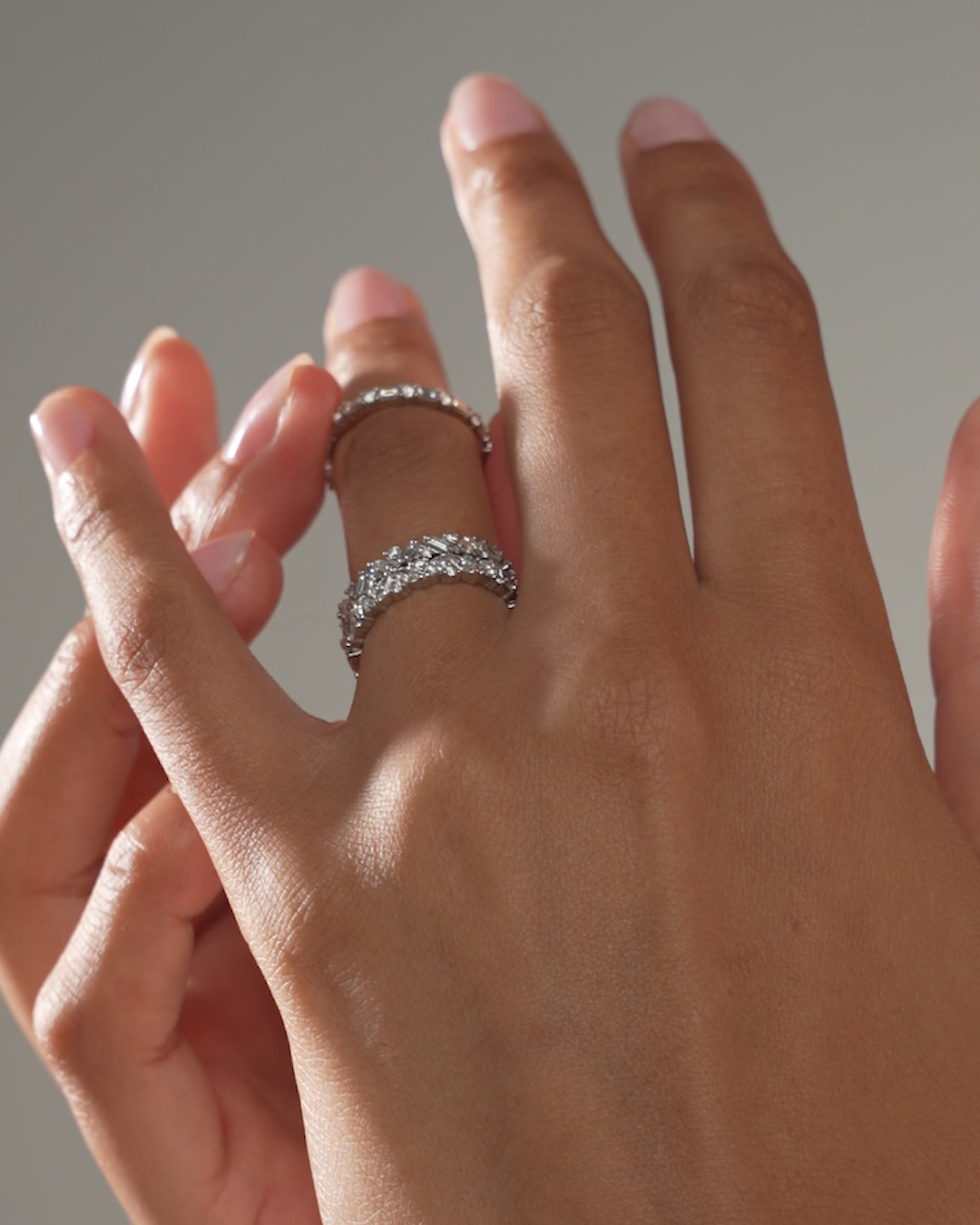 Ring Concierge Baguette + Round Eternity Band Platinum video on hand showing detail and stacking