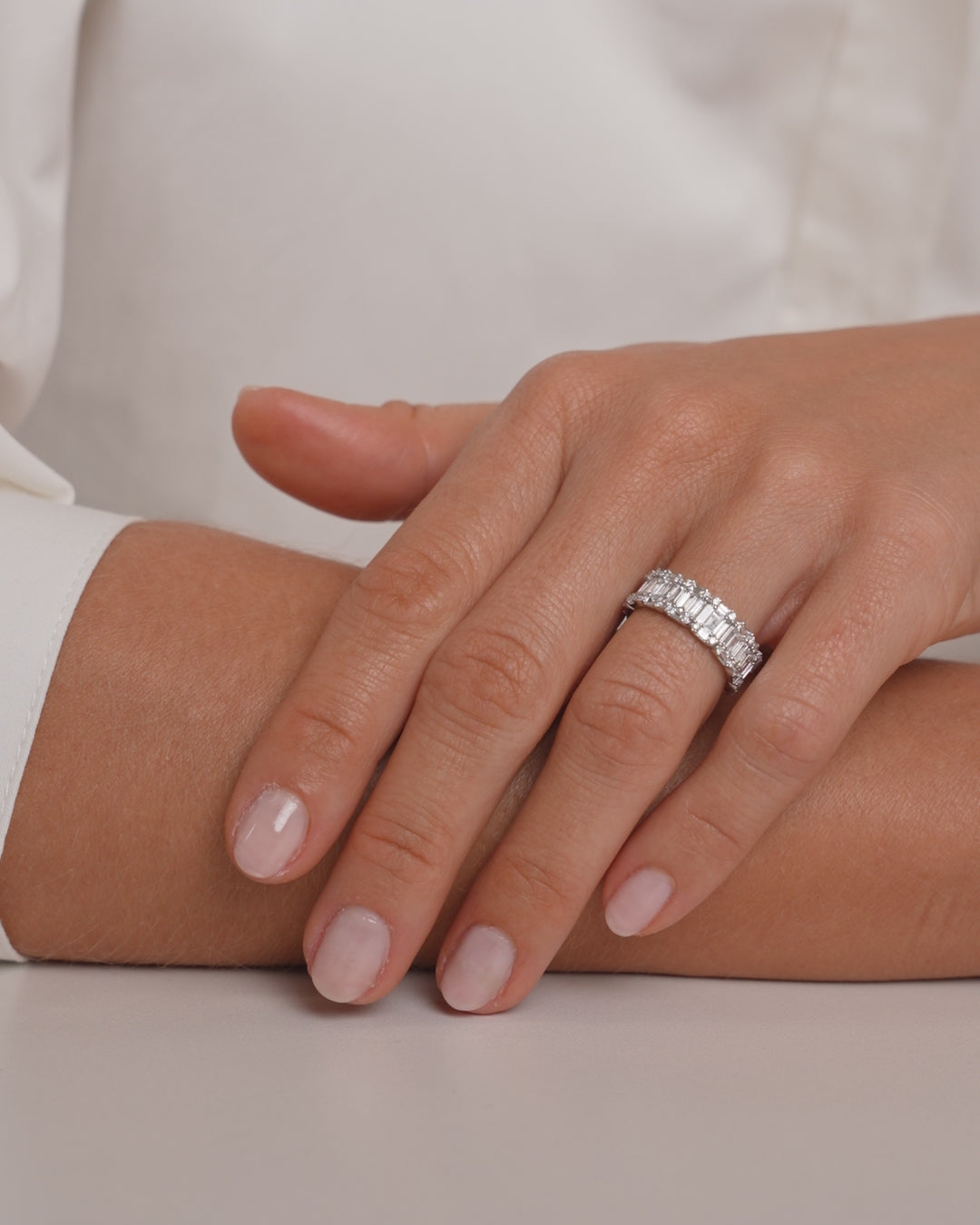 Video of Emerald Illusion Ring in 14K White Gold on ring finger