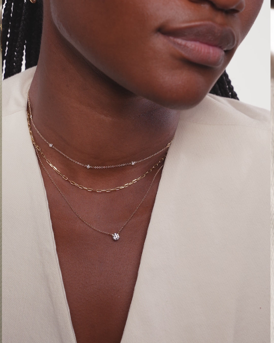 Ring Concierge Necklaces Mini Link Chain Necklace,- video with fine jewelry necklaces and hoop earrings and model wearing white blazer 