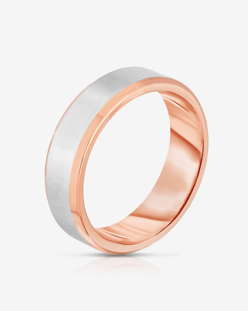 Bridal Mens Rings 14k Rose Gold / 14k Yellow Gold 6 mm Contrast + Beveled Wedding Band