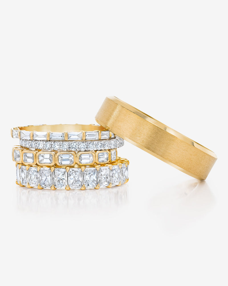 Bridal Wedding Bands Baguette Bar Eternity Band stacked with 3 other diamond wedding bands and mens metal wedding band